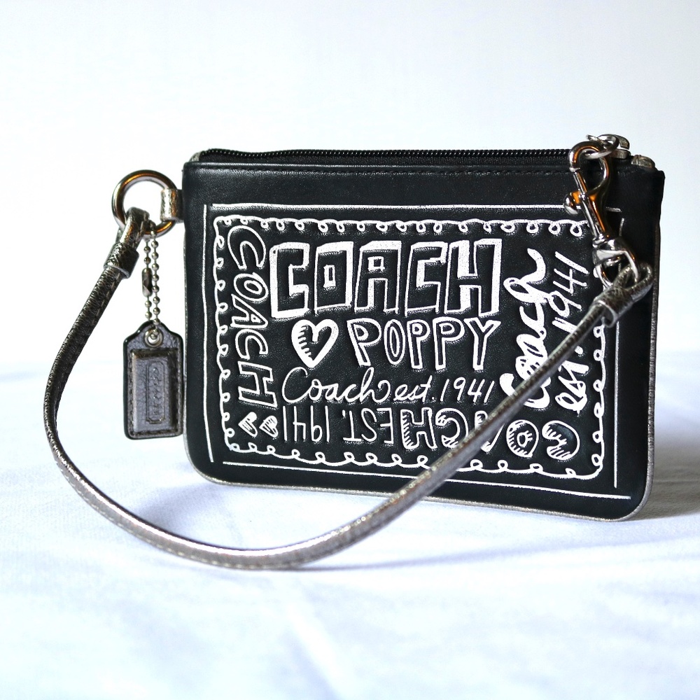 COACH Poppy Black & Silver Leather Wristlet Wallet Purse Mini